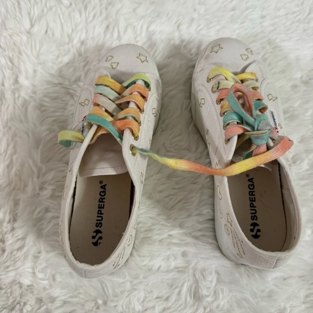 Superga White Platform Sneakers with Multicolor Laces Size 6